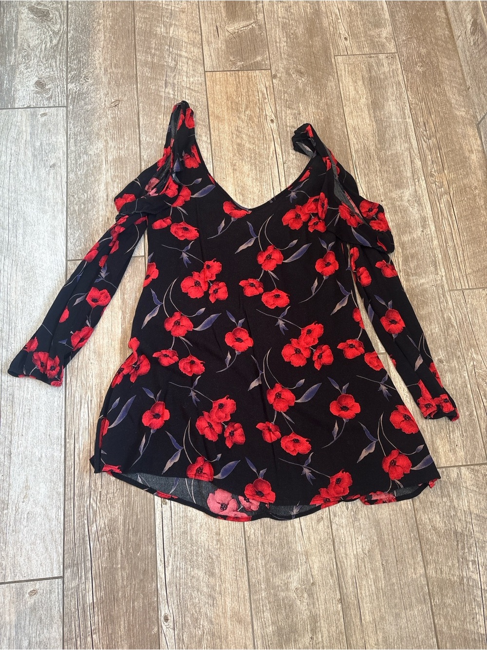 Liberty Love Black Mini Dress with Red Floral Print